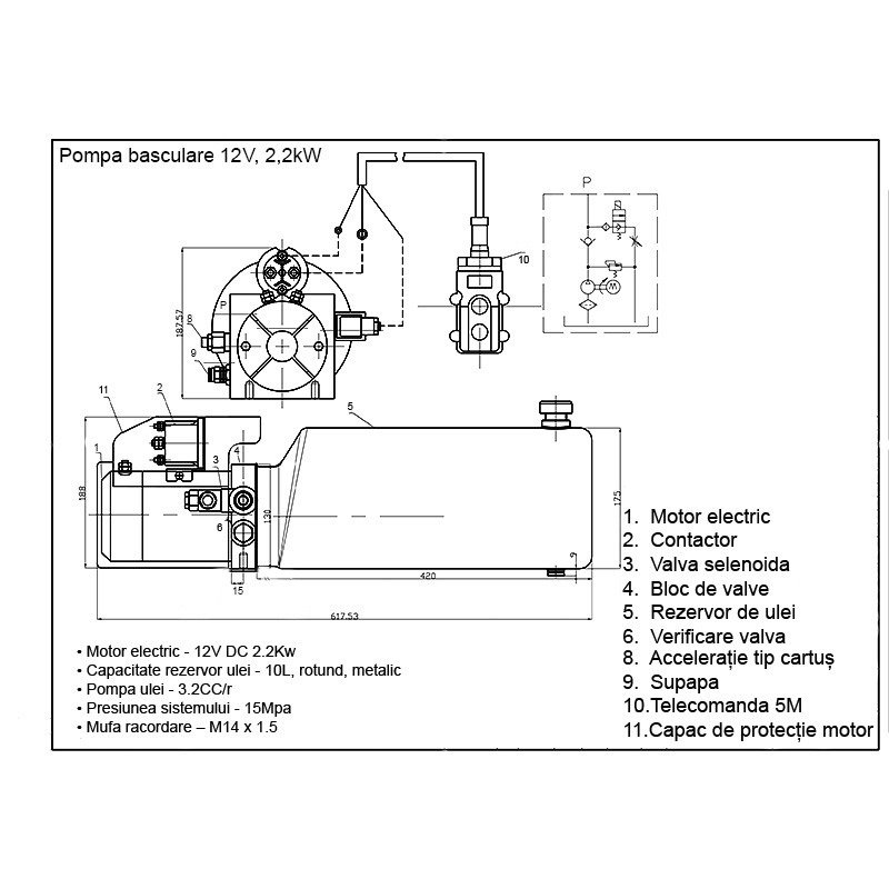 Pompa basculare 12V, 2,2kW 150 bar, cu rezervor metalic 10L si telecomanda